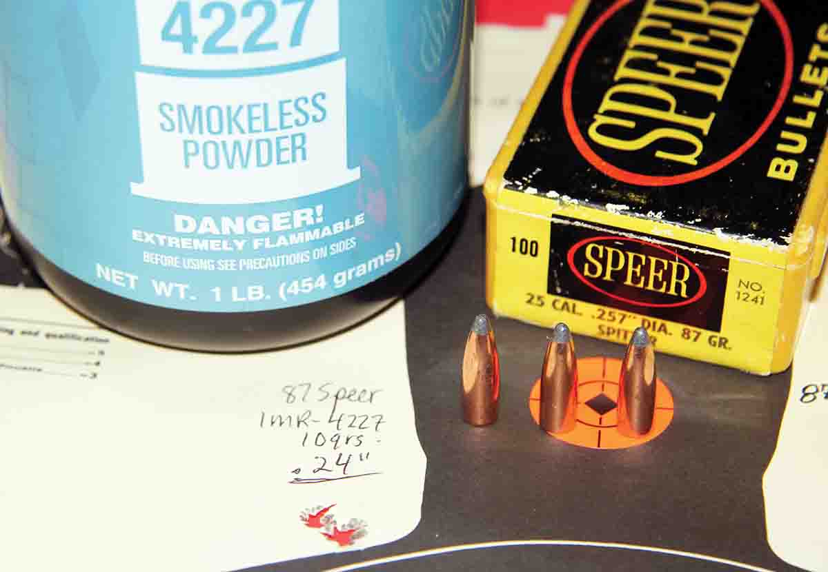 Speer’s 87-grain softpoint produced the second .24-inch group of the test, using 10 grains of IMR-4227. Extraction proved a touch sticky.